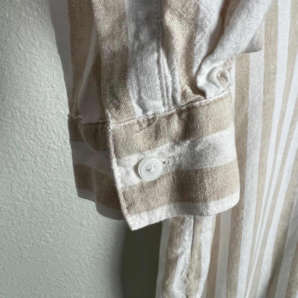 Old Navy The Boyfriend Shirt Tan White Striped Linen Blend Button Down Medium - Picture 4 of 8
